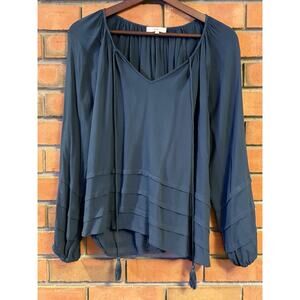 NSR Women’s Sheer Blouse Top Small Blue Tassel Tie Long Sleeve Boho